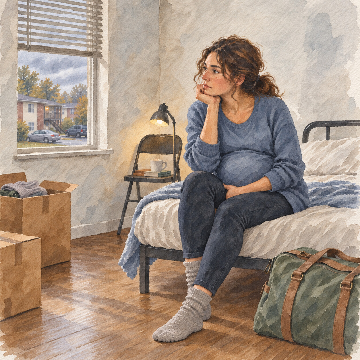 Pregnant woman sitting thoughtfully on the edge of a bed with a packed bag nearby